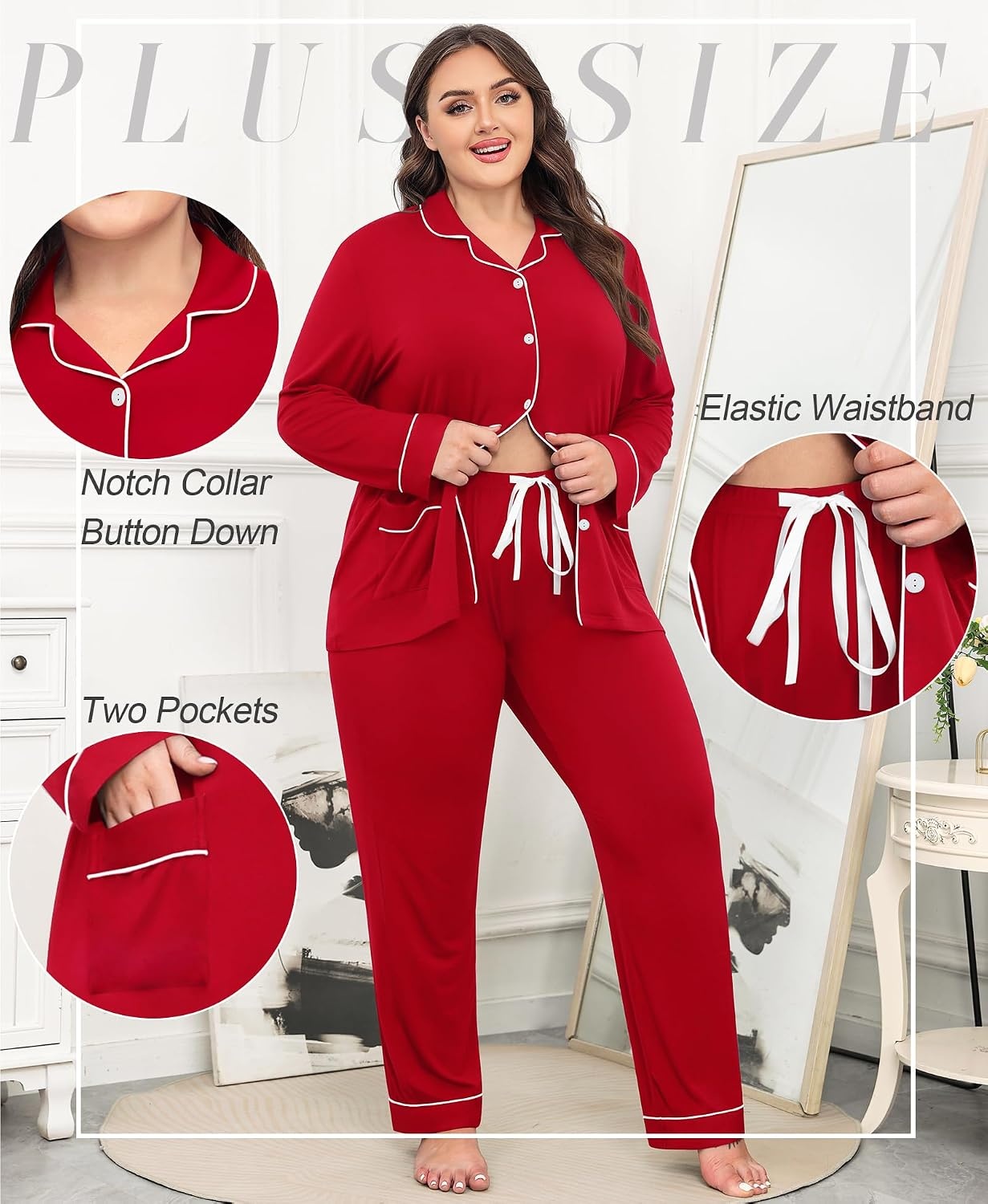 image:imageSWOMOG Womens Plus Size Pajamas Set with 2 Pockets Long Sleeve Button Down Sleepwear Soft PJs Pants Postpartum Lounge SetsRed