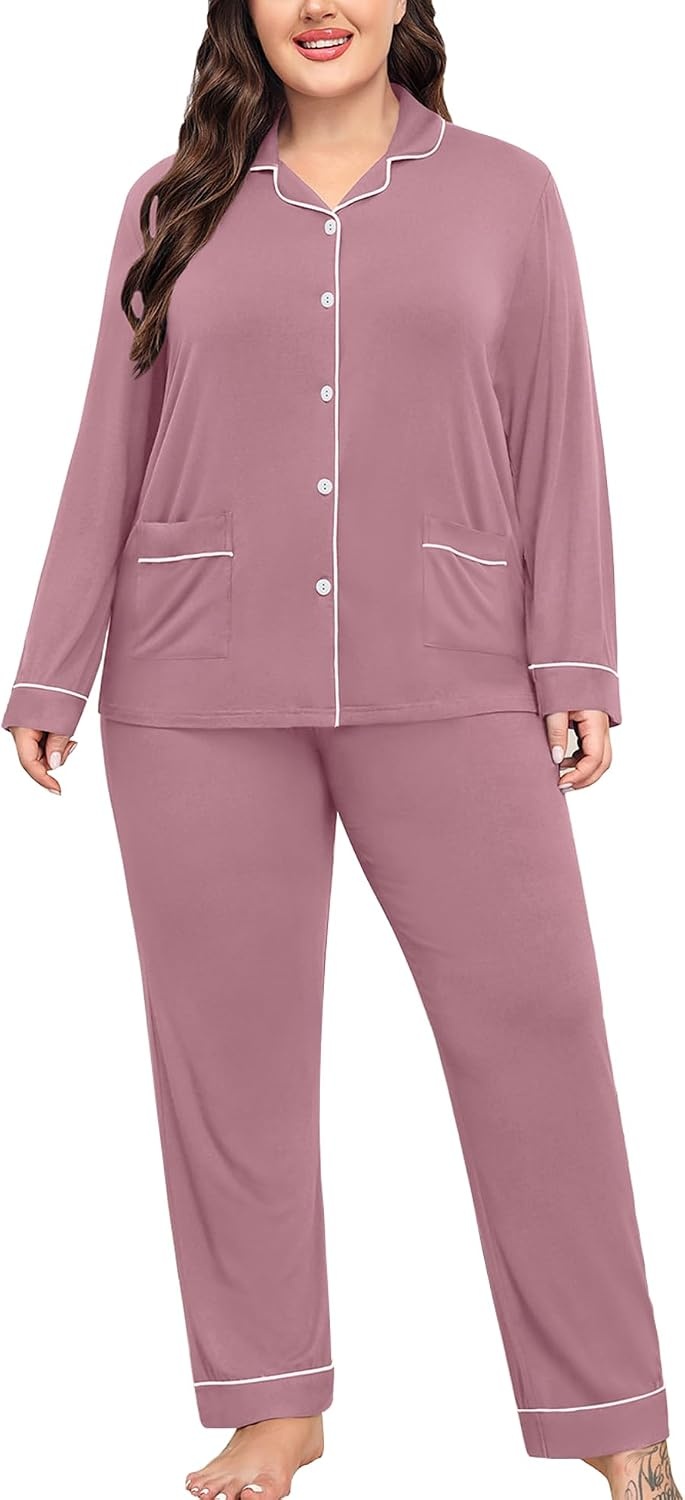 image:imageSWOMOG Womens Plus Size Pajamas Set with 2 Pockets Long Sleeve Button Down Sleepwear Soft PJs Pants Postpartum Lounge SetsTaro Purple