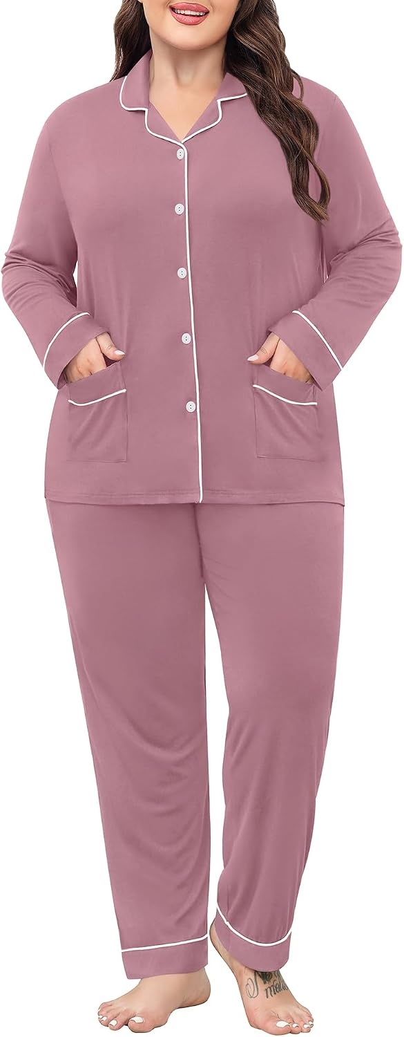 image:imageSWOMOG Womens Plus Size Pajamas Set with 2 Pockets Long Sleeve Button Down Sleepwear Soft PJs Pants Postpartum Lounge SetsTaro Purple