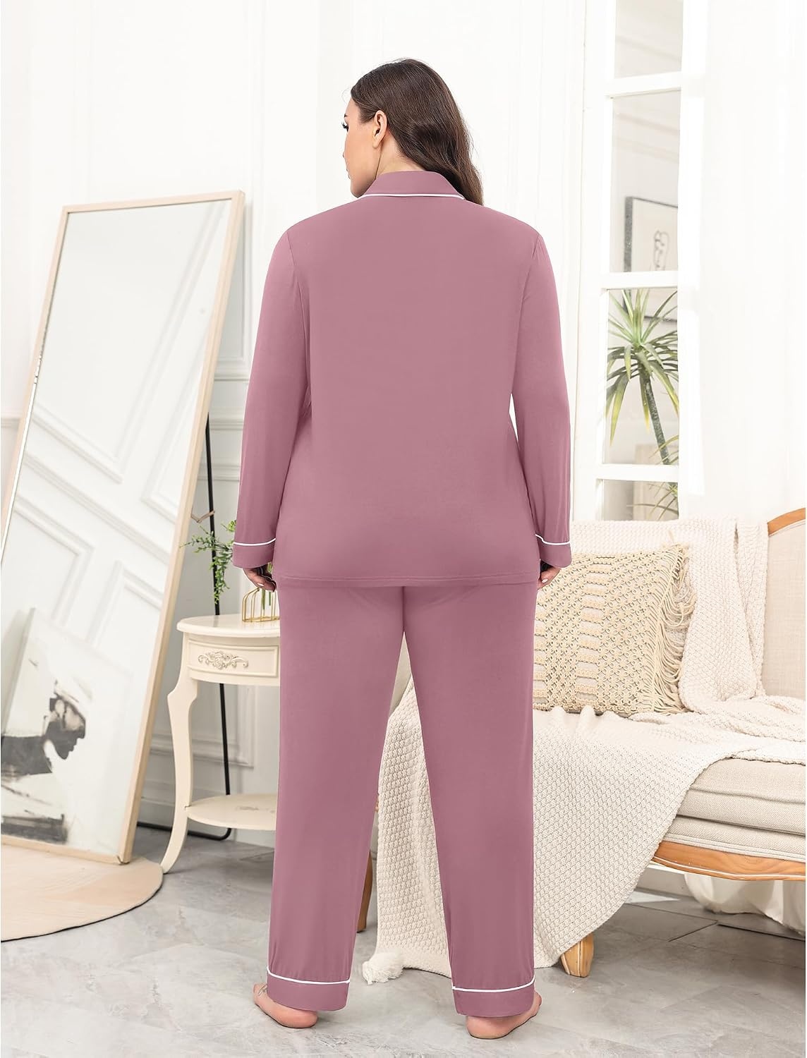 image:imageSWOMOG Womens Plus Size Pajamas Set with 2 Pockets Long Sleeve Button Down Sleepwear Soft PJs Pants Postpartum Lounge SetsTaro Purple