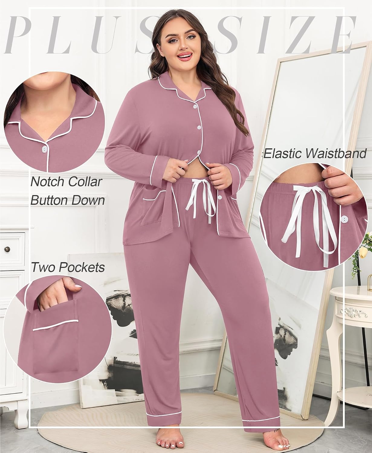 image:imageSWOMOG Womens Plus Size Pajamas Set with 2 Pockets Long Sleeve Button Down Sleepwear Soft PJs Pants Postpartum Lounge SetsTaro Purple