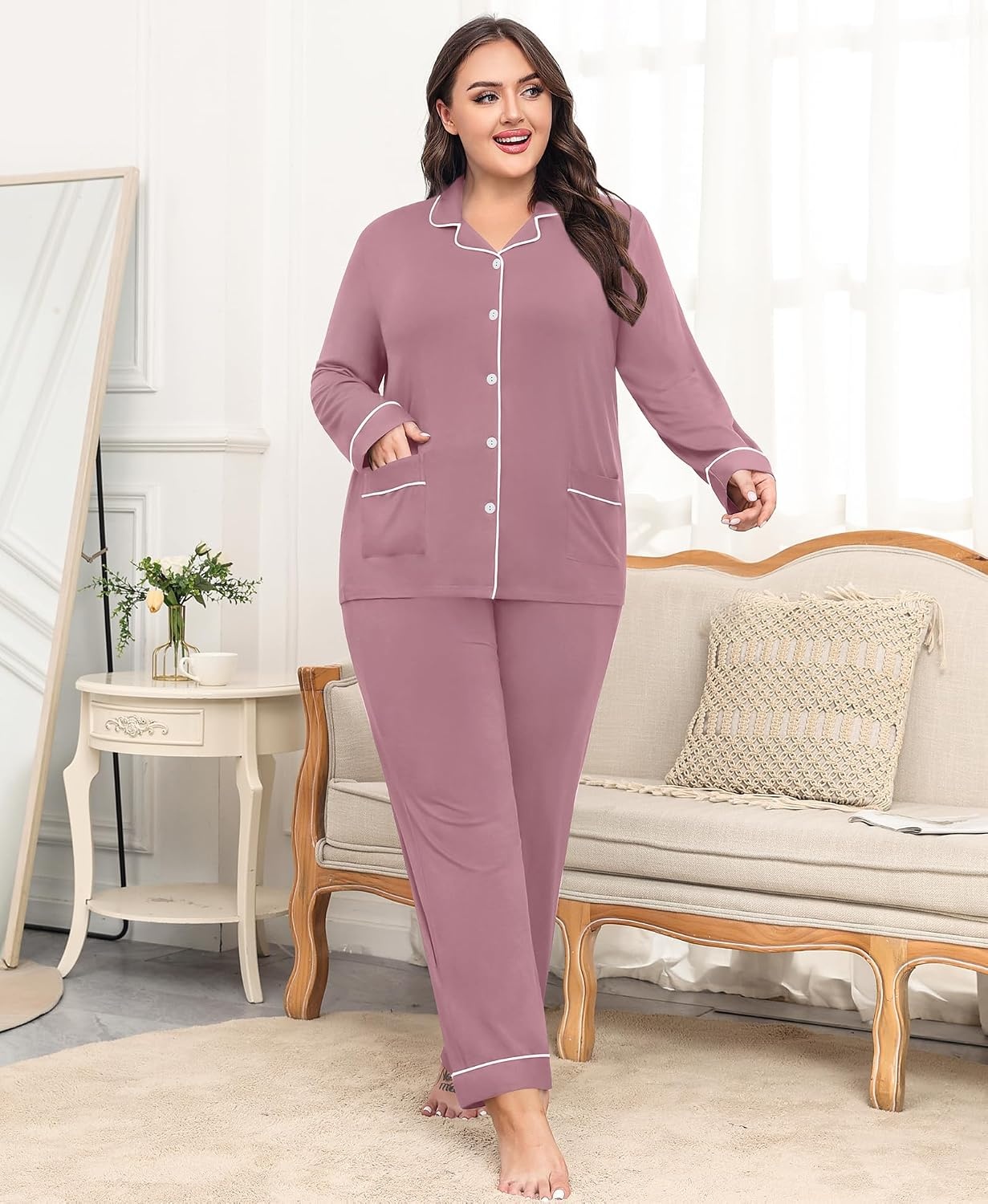 image:imageSWOMOG Womens Plus Size Pajamas Set with 2 Pockets Long Sleeve Button Down Sleepwear Soft PJs Pants Postpartum Lounge SetsTaro Purple