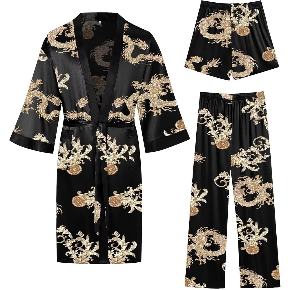 image:imageSWOMOG 3Pcs Mens Satin Robe Silk Satin Kimono Bathrobe with ShortsampPants Set Soft Lightweight NightwearBlack Dragon