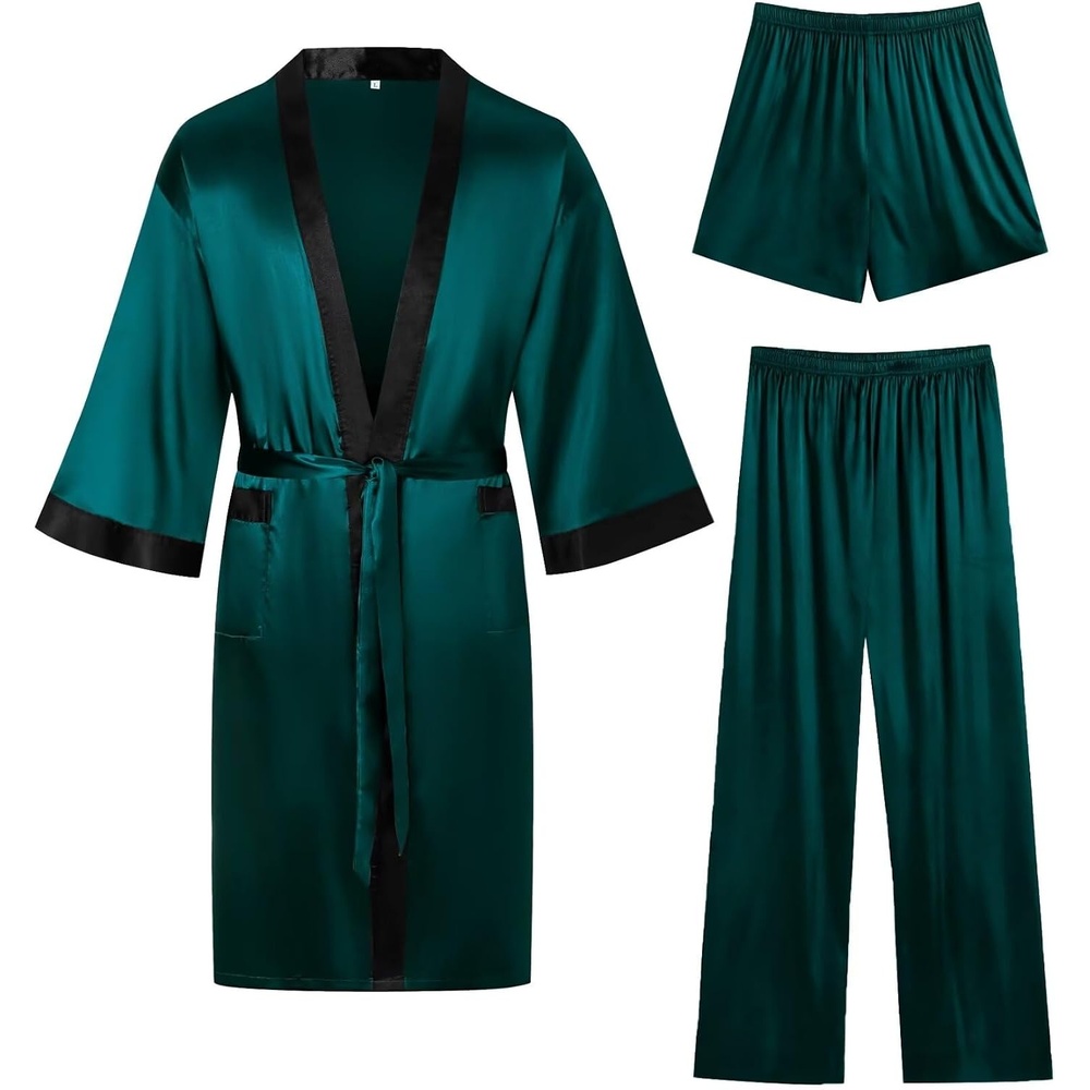 image:imageSWOMOG 3Pcs Mens Satin Robe Silk Satin Kimono Bathrobe with ShortsampPants Set Soft Lightweight NightwearDark Green