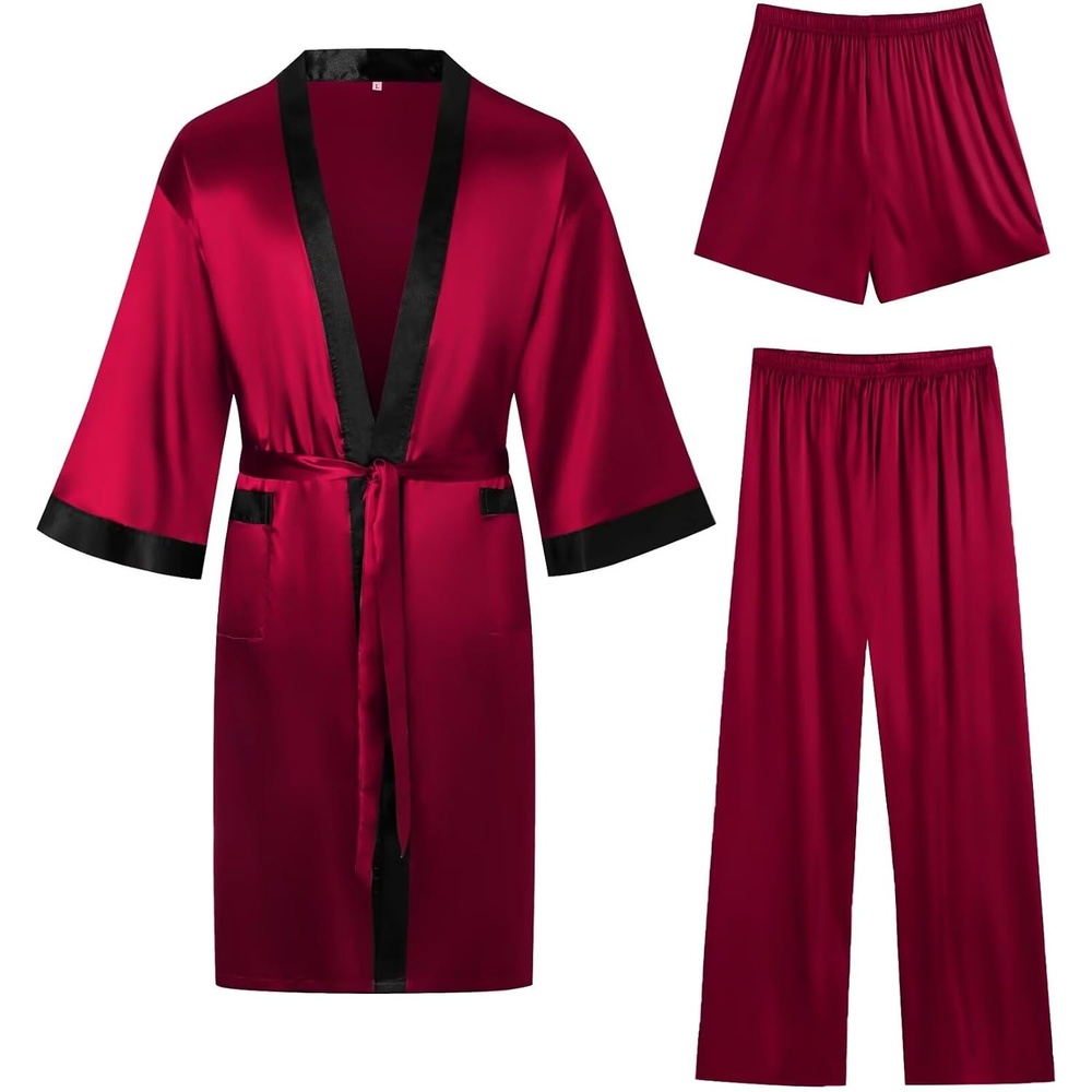 image:imageSWOMOG 3Pcs Mens Satin Robe Silk Satin Kimono Bathrobe with ShortsampPants Set Soft Lightweight NightwearDark Wine Red