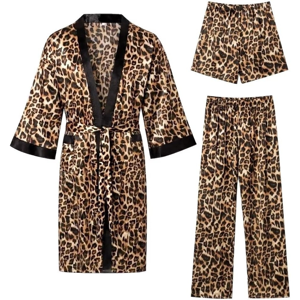 image:imageSWOMOG 3Pcs Mens Satin Robe Silk Satin Kimono Bathrobe with ShortsampPants Set Soft Lightweight NightwearLeopard Print