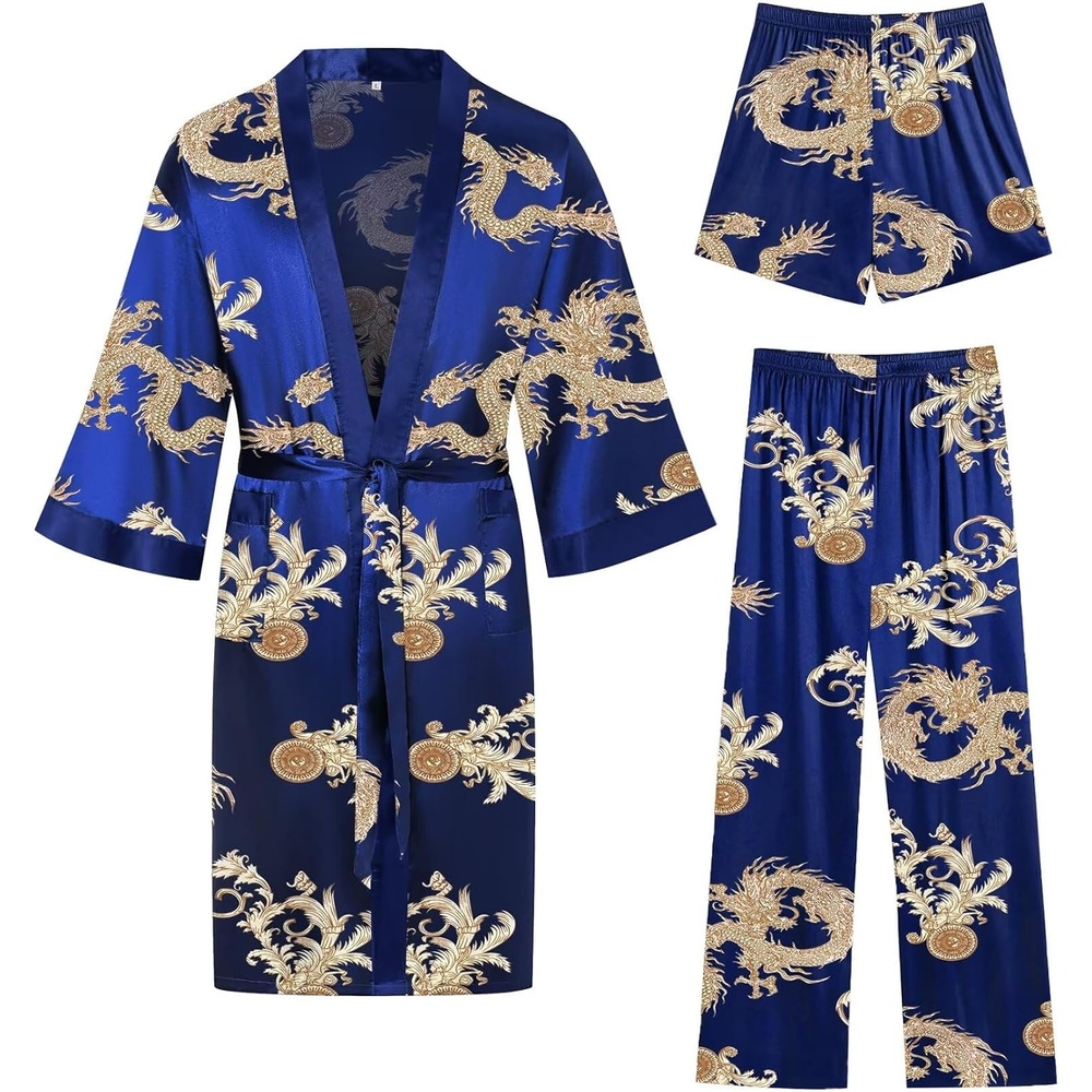 image:imageSWOMOG 3Pcs Mens Satin Robe Silk Satin Kimono Bathrobe with ShortsampPants Set Soft Lightweight NightwearNavy Blue Dragon
