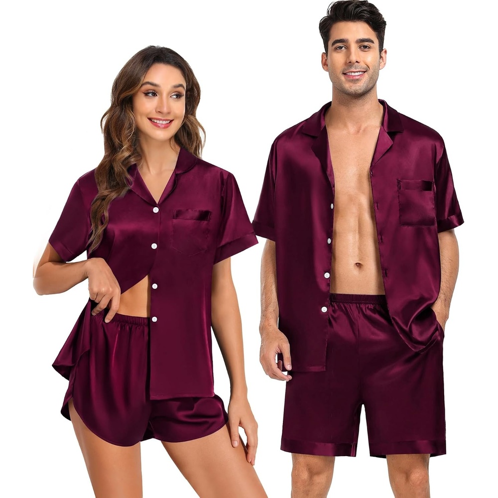 image:imageSWOMOG Couple Satin Matching Pajamas Sets Women amp Men Short Sleeve Sleepwear Silk Button Down Nightwear 2 Pieces LoungewearDark Wine Red
