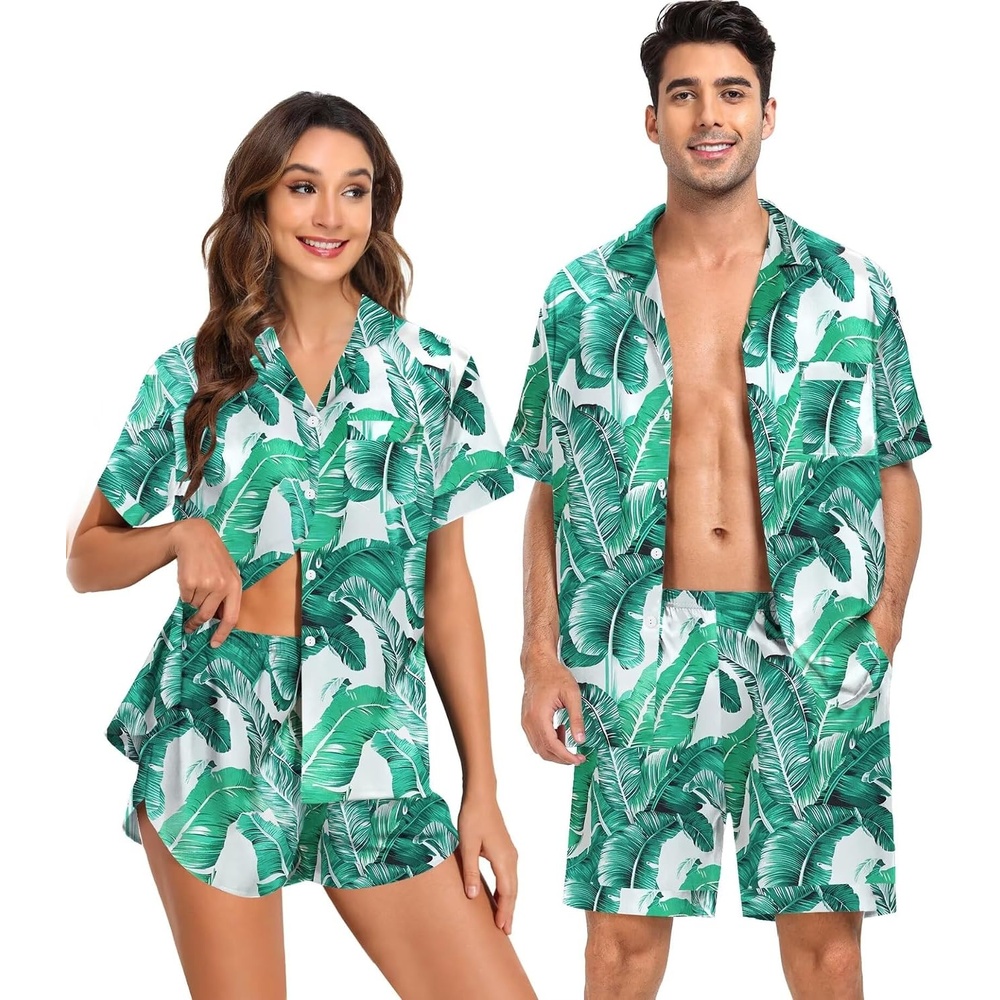 image:imageSWOMOG Couple Satin Matching Pajamas Sets Women amp Men Short Sleeve Sleepwear Silk Button Down Nightwear 2 Pieces LoungewearGreen Leaf