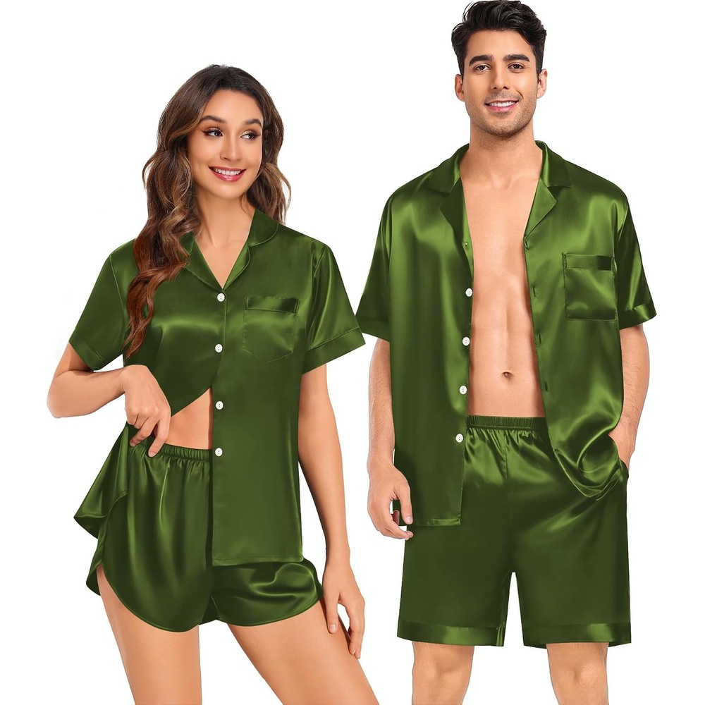 image:imageSWOMOG Couple Satin Matching Pajamas Sets Women amp Men Short Sleeve Sleepwear Silk Button Down Nightwear 2 Pieces LoungewearOlive Green