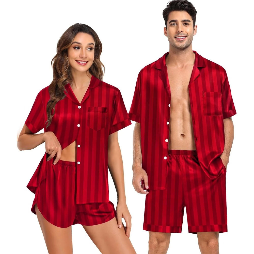 image:imageSWOMOG Couple Satin Matching Pajamas Sets Women amp Men Short Sleeve Sleepwear Silk Button Down Nightwear 2 Pieces LoungewearRed Striped