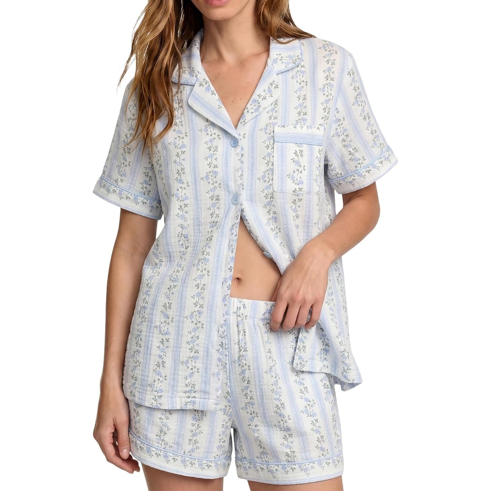 image:imageSWOMOG Cute Pajama Sets for Women 2 Piece Floral Print Short Sleeve Button Down Shirt and Shorts Summer Sleepwear LoungewearBlue Stripe Floral