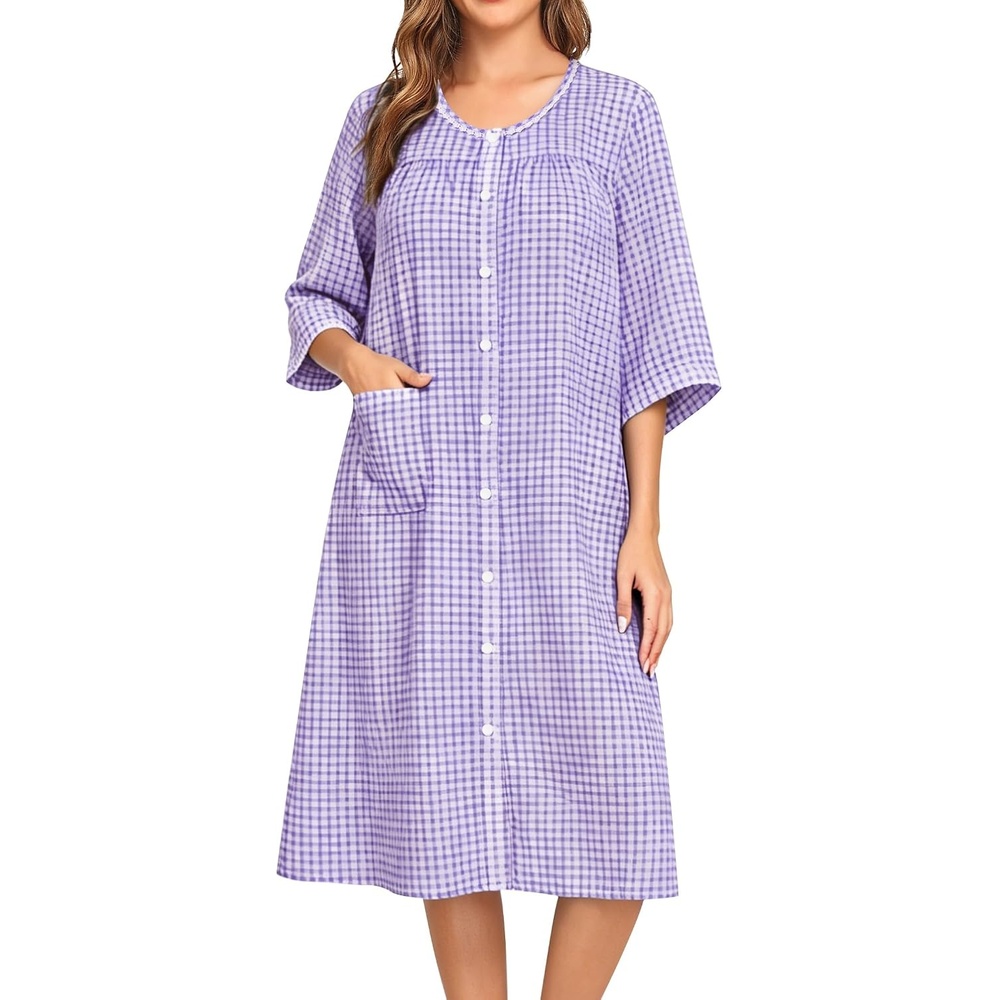 image:imageSWOMOG House Dress for Women Snap Front Dusters for Women with Pockets 34 Sleeve Cotton Nightgown SXXXLPlaid Purple
