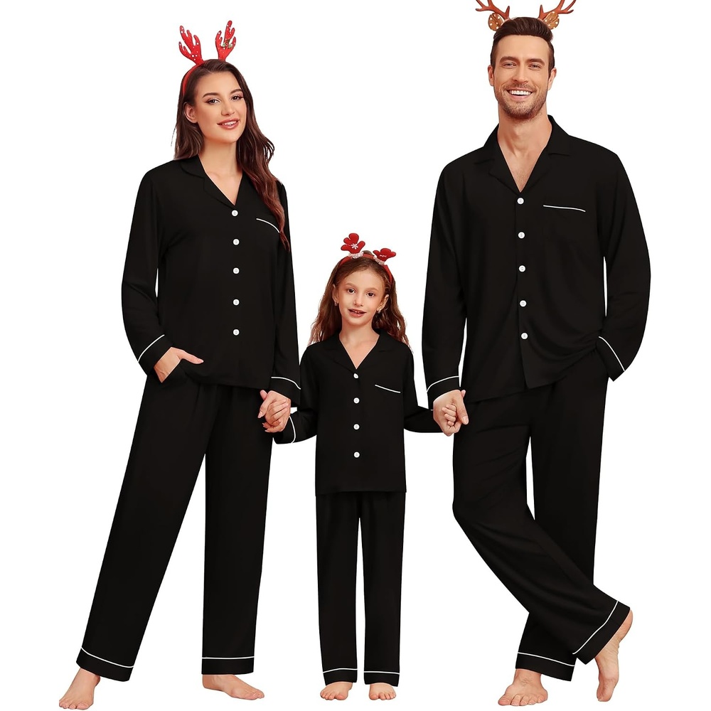 image:imageSWOMOG Matching Couple Christmas Pajamas Set Modal Long Sleeve ButtonDown Sleepwear Family Festival Party Xmas PJs Sets MenWomen Black Medium
