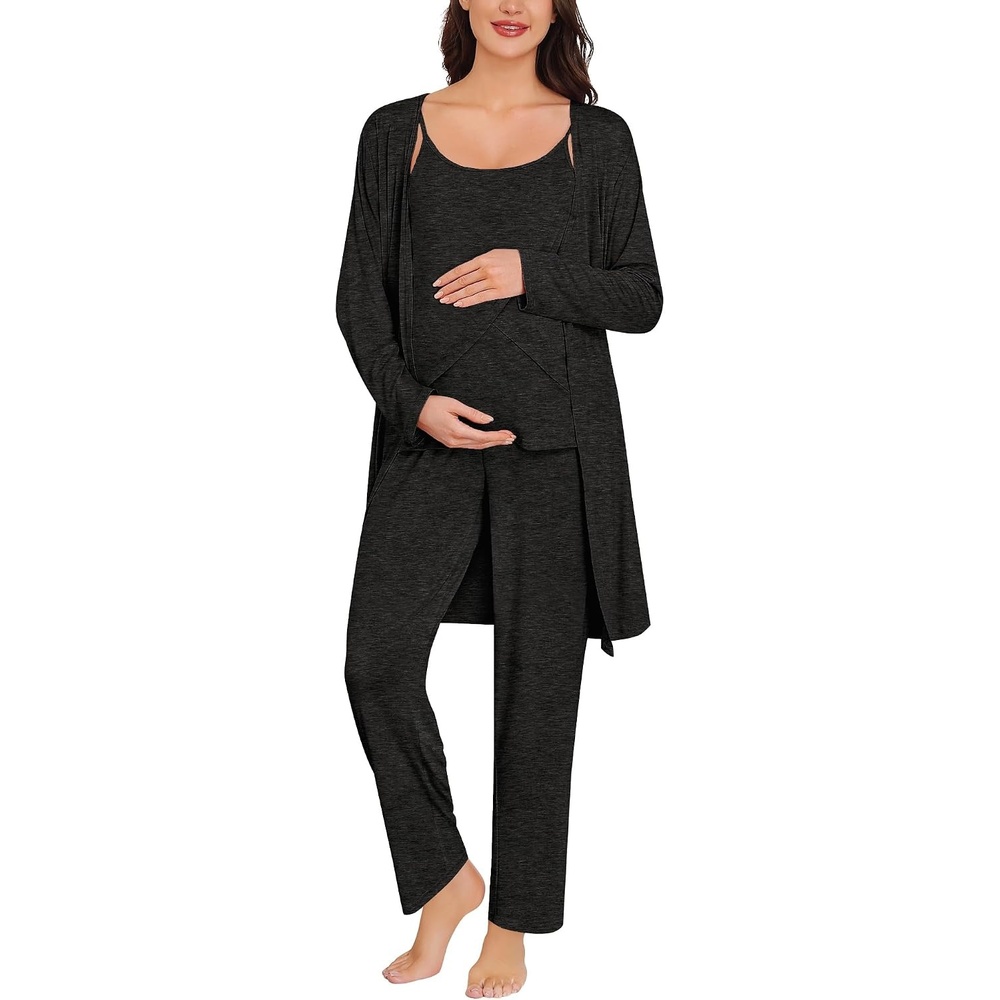 image:imageSWOMOG Maternity Pajamas Set 3 PCS Nusing Pajamas Labor and Delivery Gown amp Camisole amp Pants Postpartum PjsBlack Gray