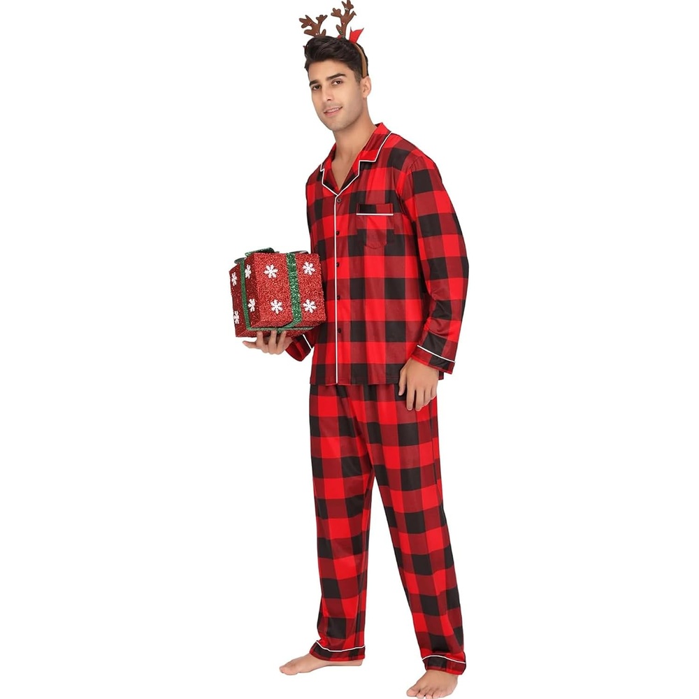 image:imageSWOMOG Men Christmas Red Buffalo Plaid Pajamas Set Comfy Cotton Long Sleeve Sleepwear Soft Button Down Modal Nightwear 2 Piece Pj Set with Pockets