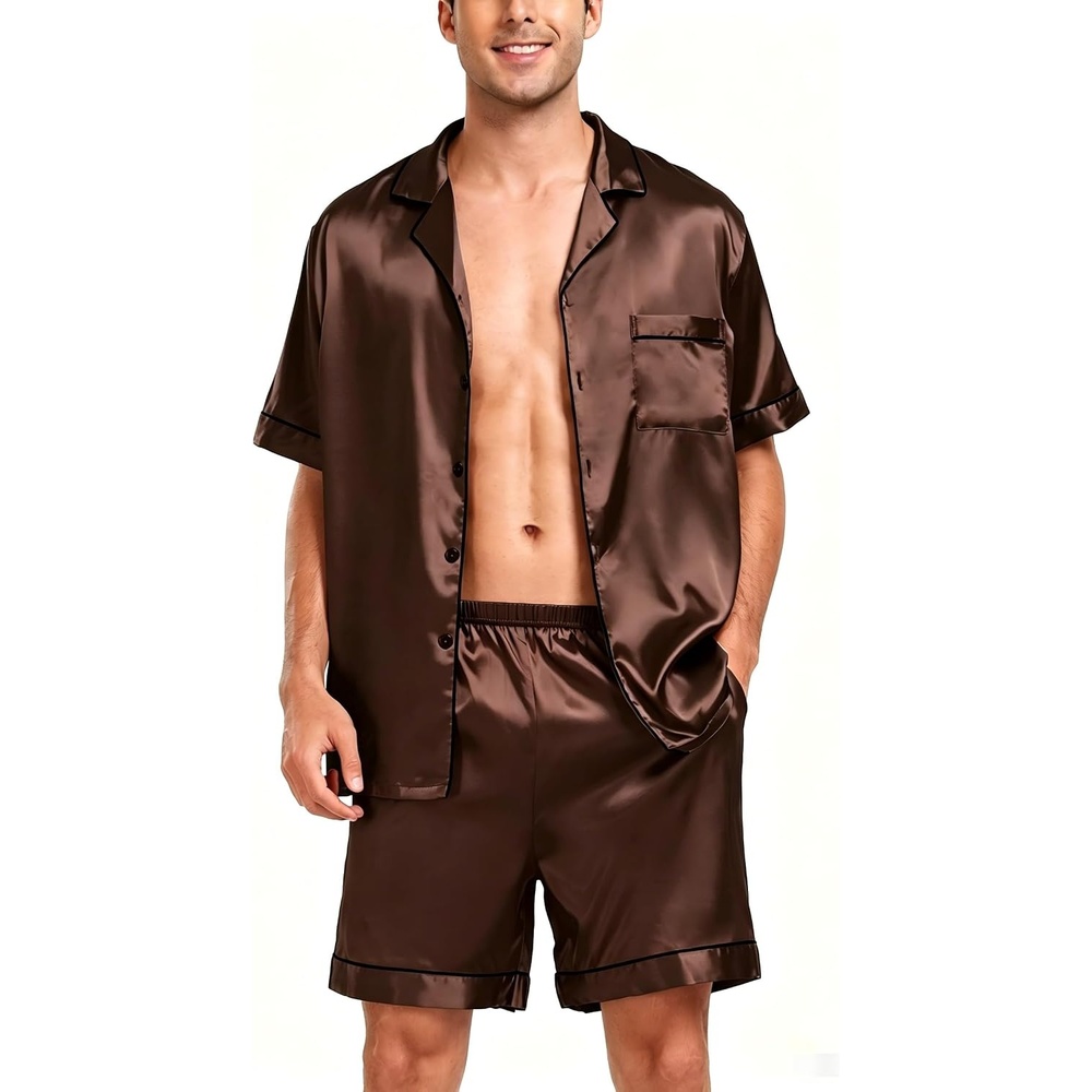 image:imageSWOMOG Men Satin Silk Pajamas Sets Short Sleeve Sleepwear ButtonDown PJs Sets TwoPieces Loungewear with PocketsBrown