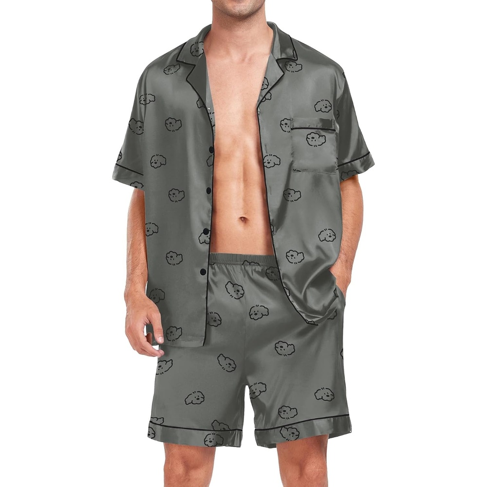 image:imageSWOMOG Men Satin Silk Pajamas Sets Short Sleeve Sleepwear ButtonDown PJs Sets TwoPieces Loungewear with PocketsGrey Dog