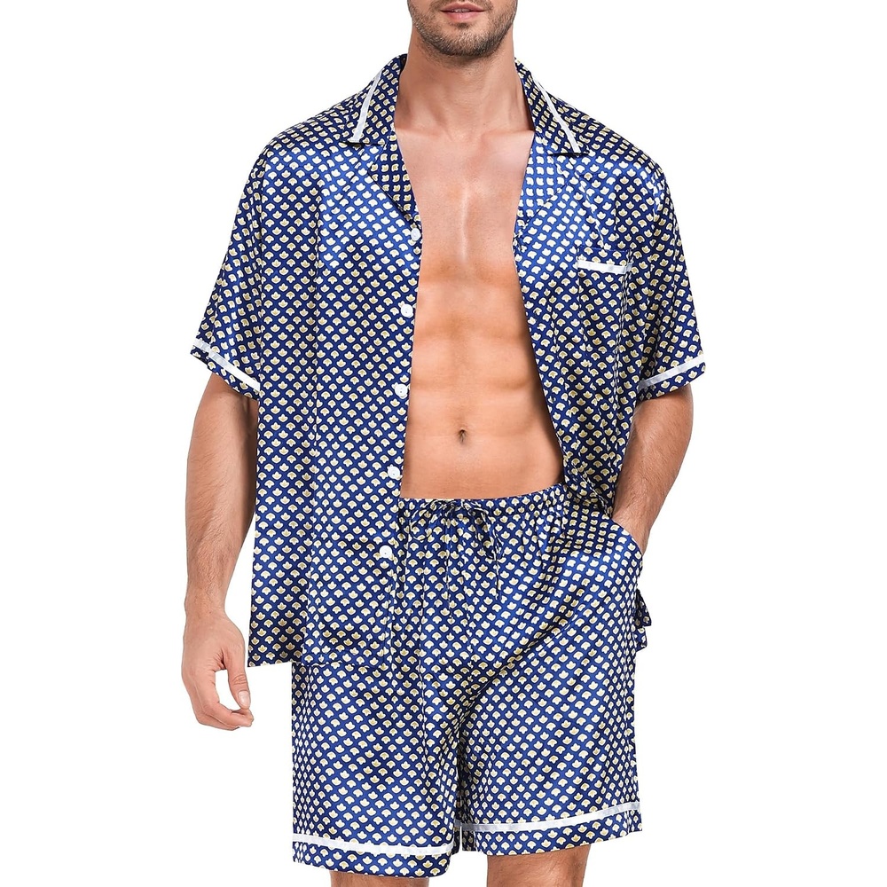 image:imageSWOMOG Men Satin Silk Pajamas Sets with Pockets Short Sleeve ButtonDown PJs Sets 2 Piece Summer Sleepwear SXXLStyleageometric Yellow