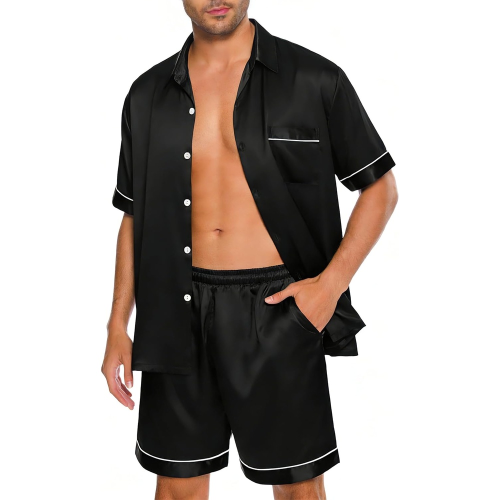 image:imageSWOMOG Men Silk Satin Pajamas Set Button Down Sleepwear Short Sleeve Pjs Set Soft 2 Piece Lounge Set Nightwear with PocketsBlack