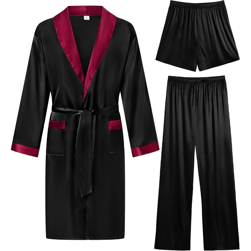 image:imageSWOMOG Mens 3 Pcs Robe Silk Satin Kimono Bathrobe with ShortsampPants Set Lightweight Soft SleepwearBlack