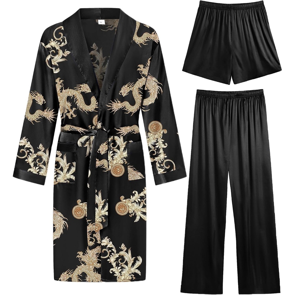 image:imageSWOMOG Mens 3 Pcs Robe Silk Satin Kimono Bathrobe with ShortsampPants Set Lightweight Soft SleepwearBlack Dragon