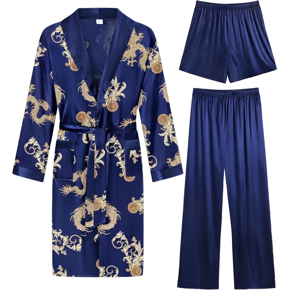 image:imageSWOMOG Mens 3 Pcs Robe Silk Satin Kimono Bathrobe with ShortsampPants Set Lightweight Soft SleepwearBlue Dragon