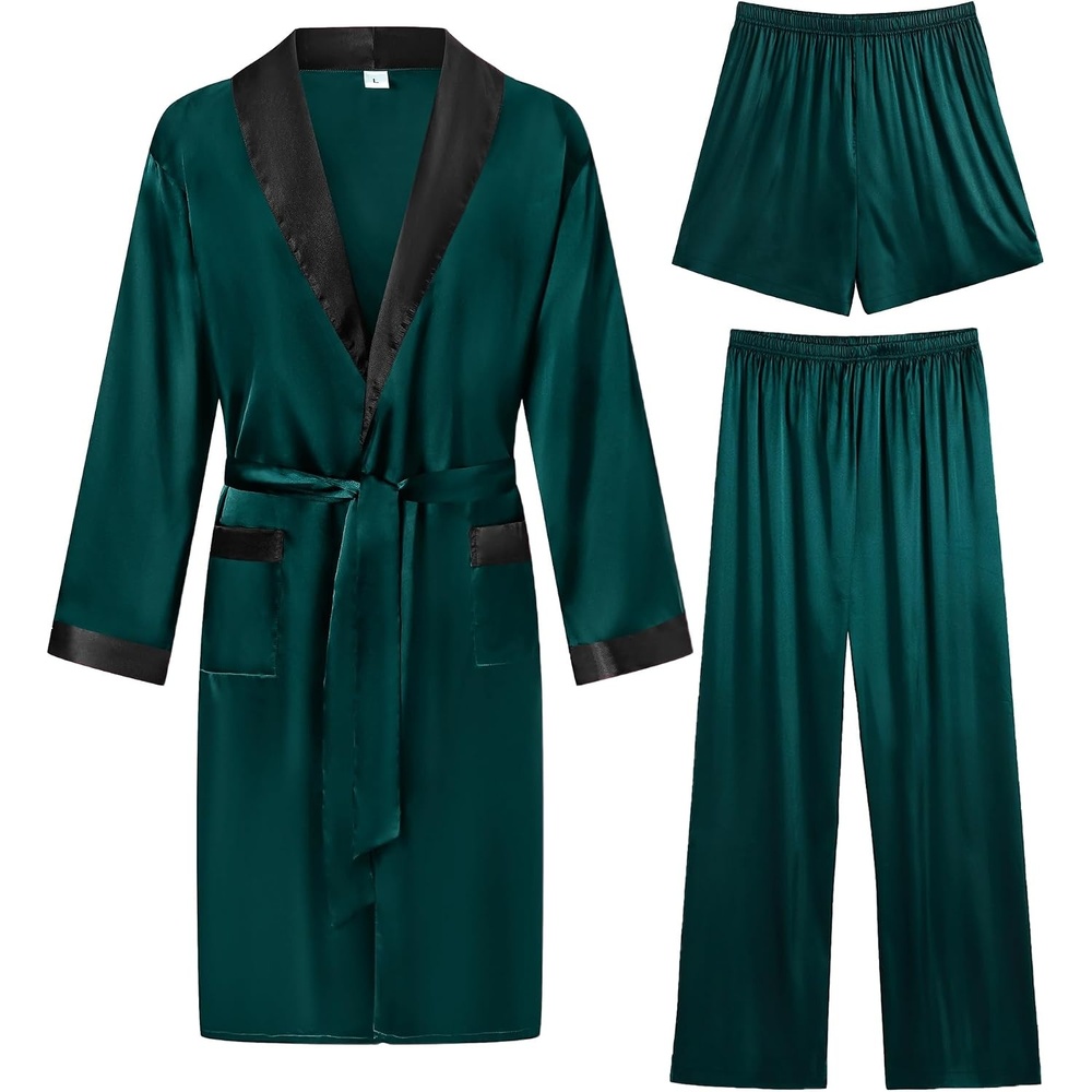 image:imageSWOMOG Mens 3 Pcs Robe Silk Satin Kimono Bathrobe with ShortsampPants Set Lightweight Soft SleepwearDark Green