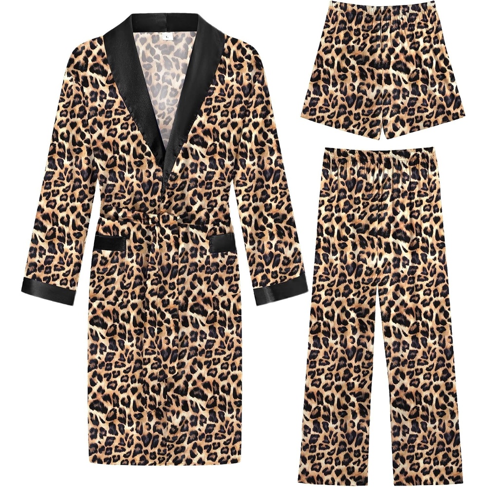 image:imageSWOMOG Mens 3 Pcs Robe Silk Satin Kimono Bathrobe with ShortsampPants Set Lightweight Soft SleepwearLeopard