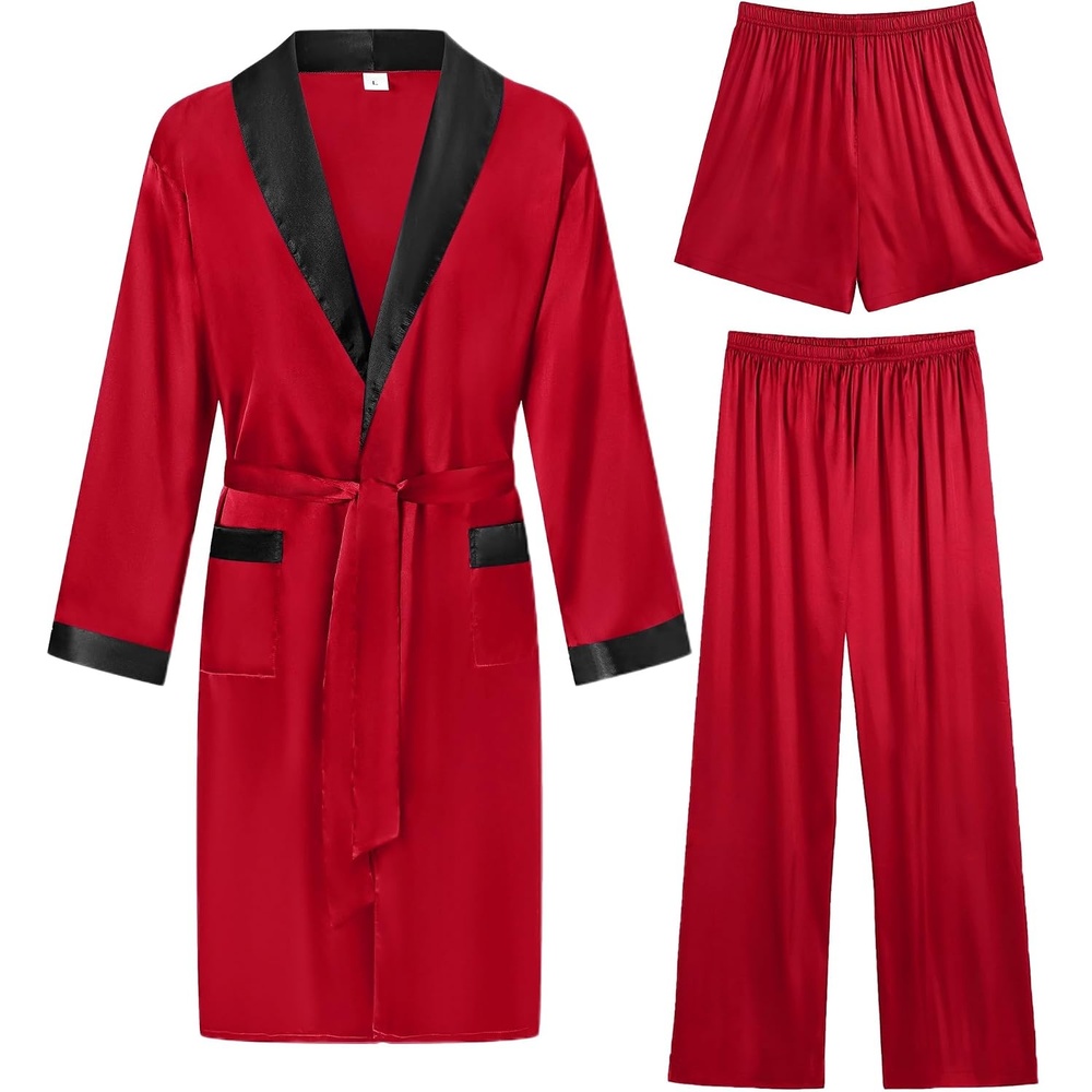 image:imageSWOMOG Mens 3 Pcs Robe Silk Satin Kimono Bathrobe with ShortsampPants Set Lightweight Soft SleepwearRed