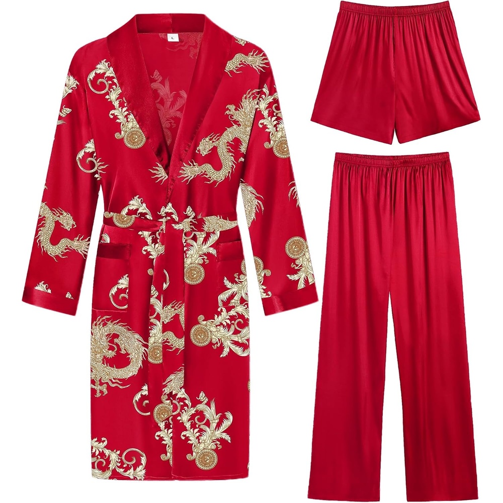 image:imageSWOMOG Mens 3 Pcs Robe Silk Satin Kimono Bathrobe with ShortsampPants Set Lightweight Soft SleepwearRed Dragon