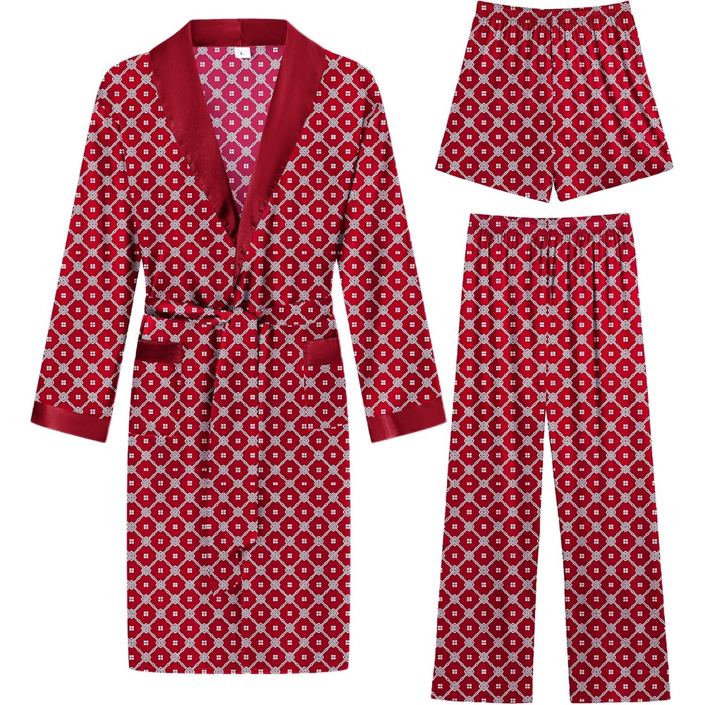 image:imageSWOMOG Mens 3 Pcs Robe Silk Satin Kimono Bathrobe with ShortsampPants Set Lightweight Soft SleepwearRed Floral