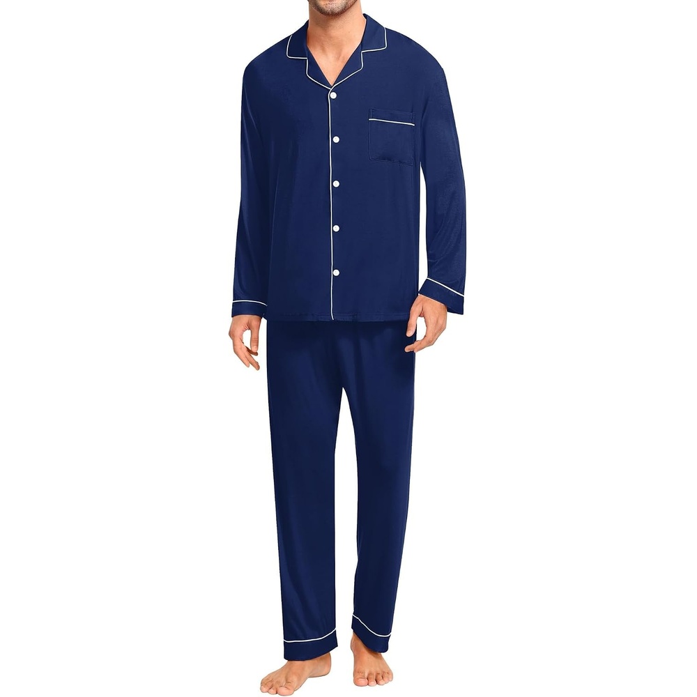 image:imageSWOMOG Mens Christmas Pjs Set with Pockets Long Sleeve Modal Sleepwear Button Down Pajamas Soft Loungewear 2 Pcs Comfy Pj Set Navy Blue