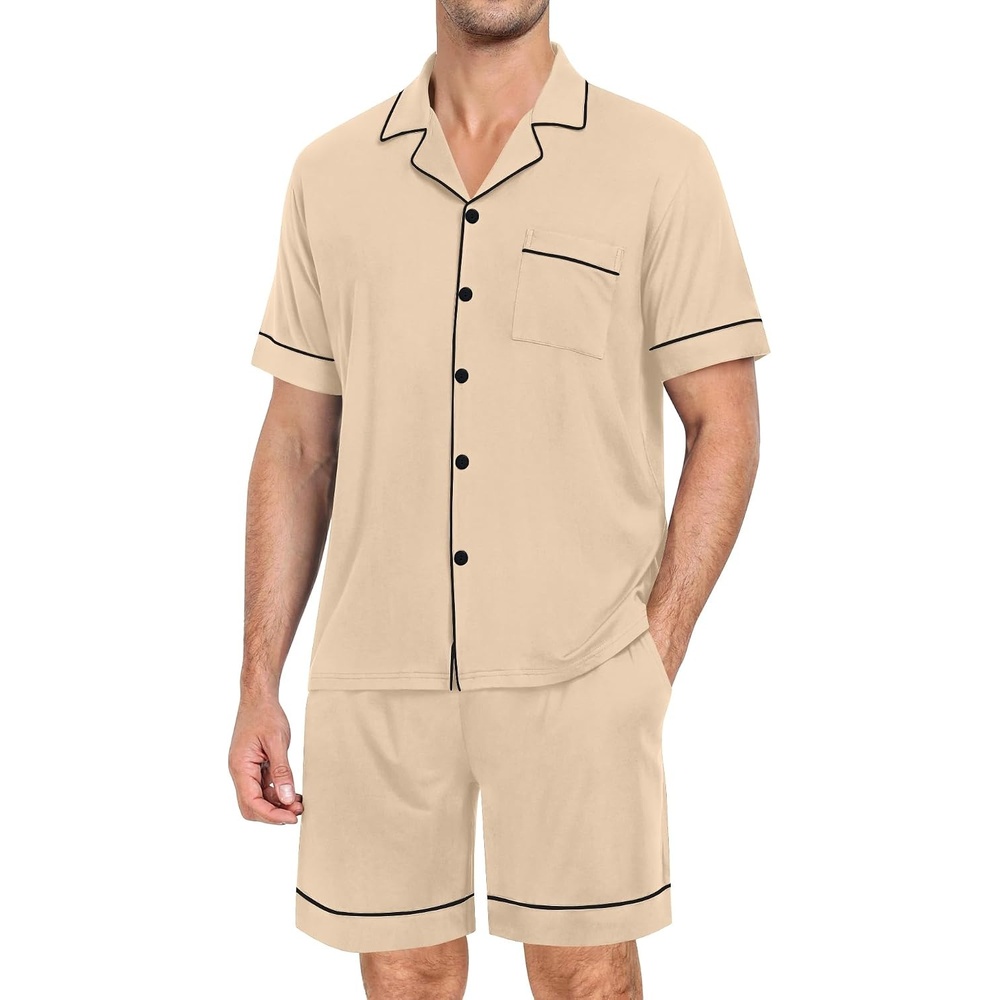image:imageSWOMOG Mens Pajama Set Short Sleeve 2 PCS Sleepwear Button Down Soft Loungewear Modal Set Pj Set with Pockets S3XLKhaki