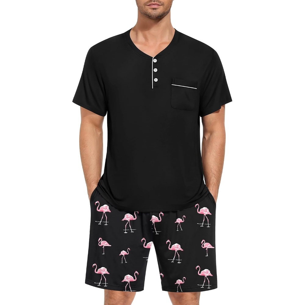 image:imageSWOMOG Mens Pajama Set Summer Pjs Sleepwear 2 Piece Loungewear Soft Short Sleeve Sleep Set With Pocket Comfy NightwearBlack Pink Flamingos