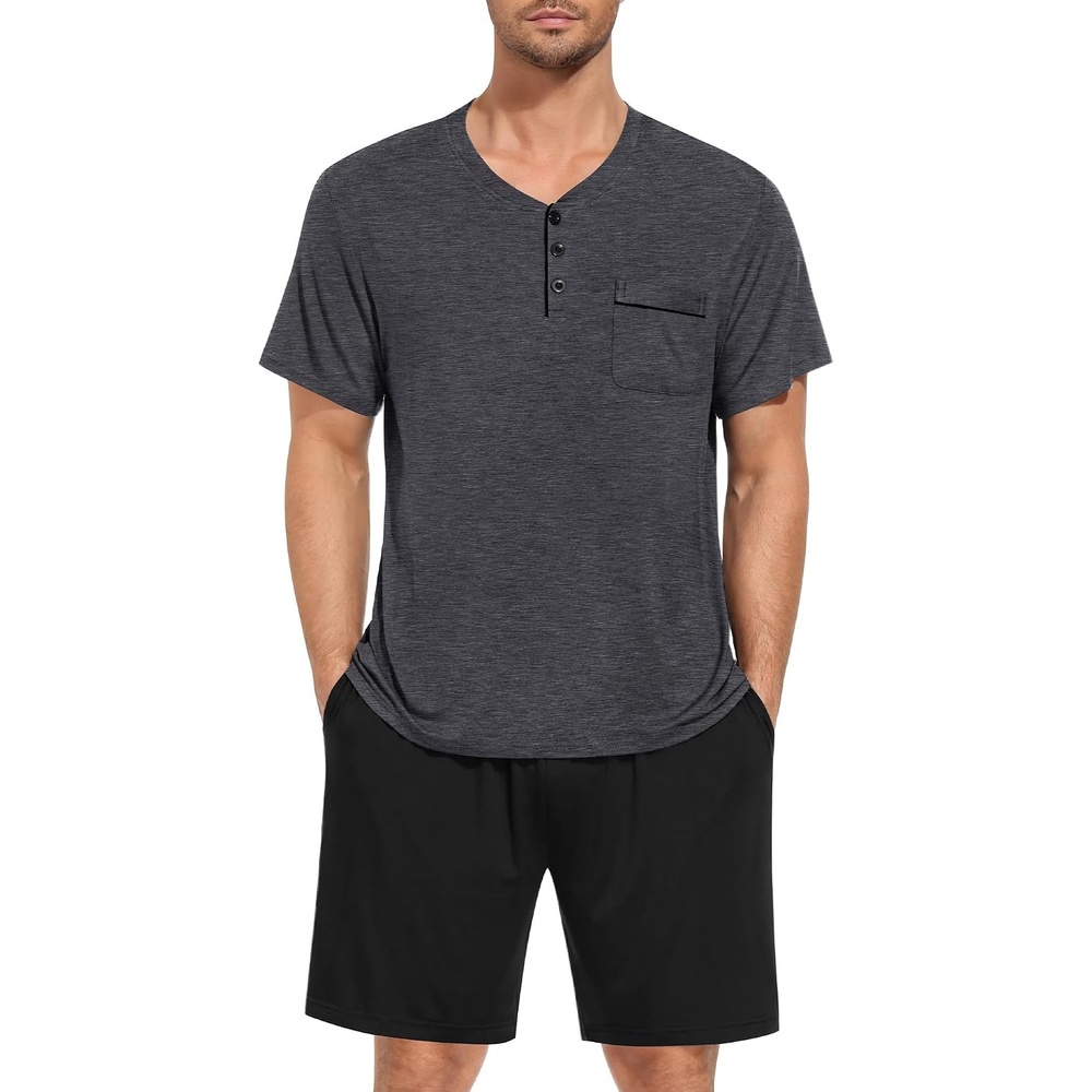 image:imageSWOMOG Mens Pajama Set Summer Pjs Sleepwear 2 Piece Loungewear Soft Short Sleeve Sleep Set With Pocket Comfy NightwearDeep Grey Black
