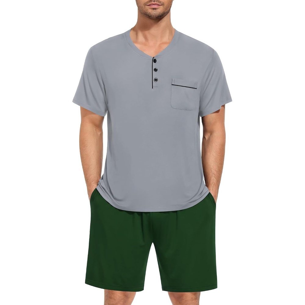 image:imageSWOMOG Mens Pajama Set Summer Pjs Sleepwear 2 Piece Loungewear Soft Short Sleeve Sleep Set With Pocket Comfy NightwearGrey Army Green
