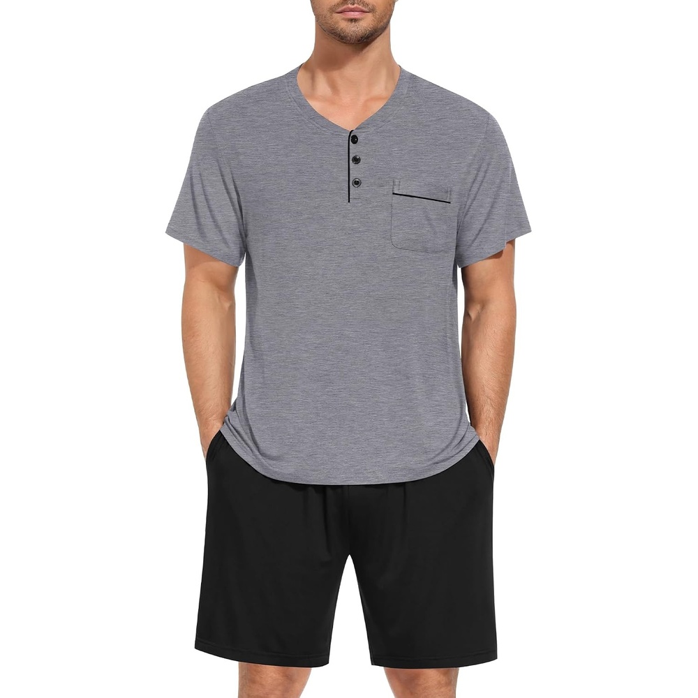 image:imageSWOMOG Mens Pajama Set Summer Pjs Sleepwear 2 Piece Loungewear Soft Short Sleeve Sleep Set With Pocket Comfy NightwearGrey Black