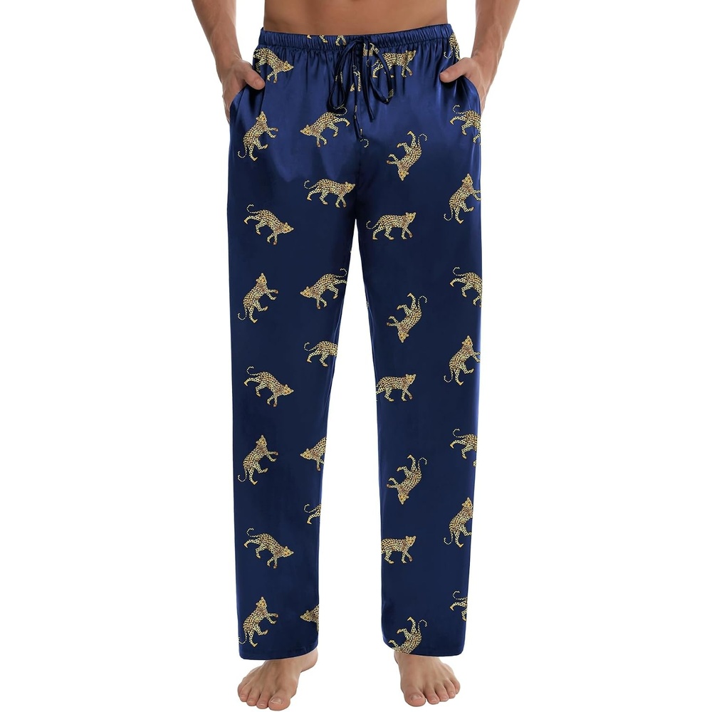 image:imageSWOMOG Mens Satin Silk Pajama Pant Long Pj Bottoms Soft Lounge Sleep Pants with Pockets amp DrawstringNavy Blue Leopard