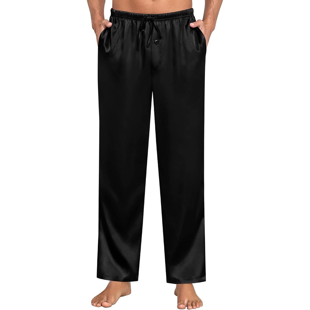 image:imageSWOMOG Mens Satin Silky Pajama Pants Soft Silk Long Pajama Bottoms with Drawstring amp Button Fly amp PocketsBlack