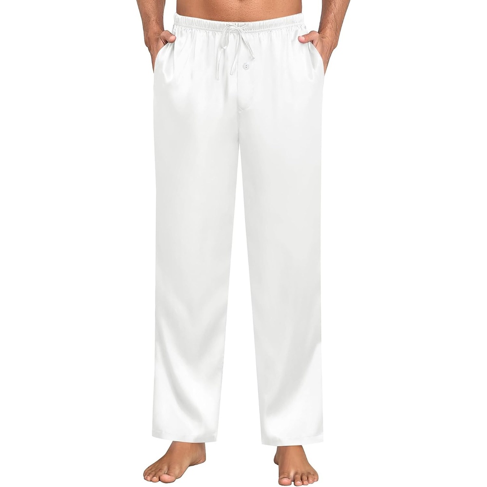 image:imageSWOMOG Mens Satin Silky Pajama Pants Soft Silk Long Pajama Bottoms with Drawstring amp Button Fly amp PocketsWhite