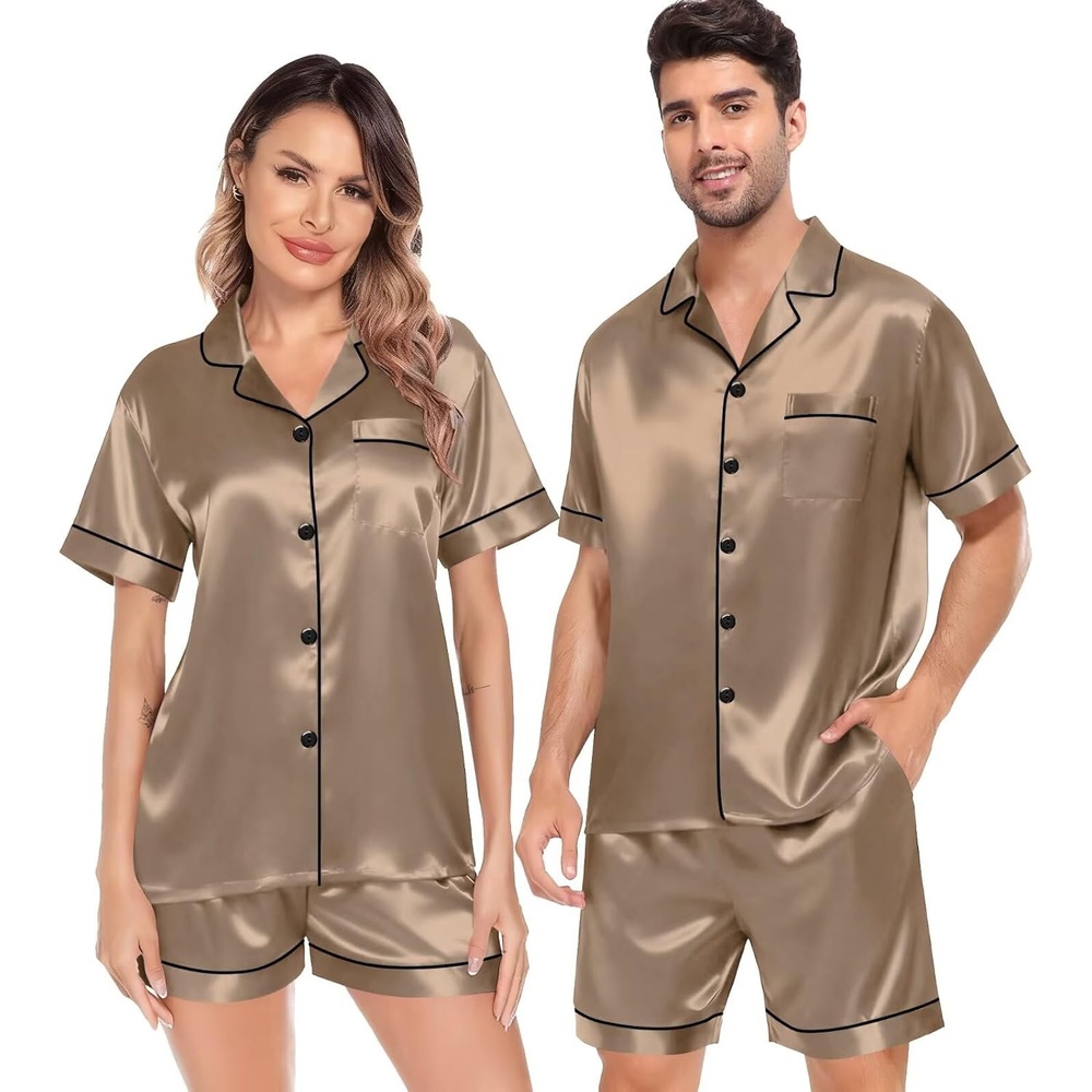 image:imageSWOMOG Satin Matching Pajamas Sets Couple Silk Button Down Nightwear Women amp Men Short Sleeve Sleepwear 2 Pieces LoungewearOpaue Couche