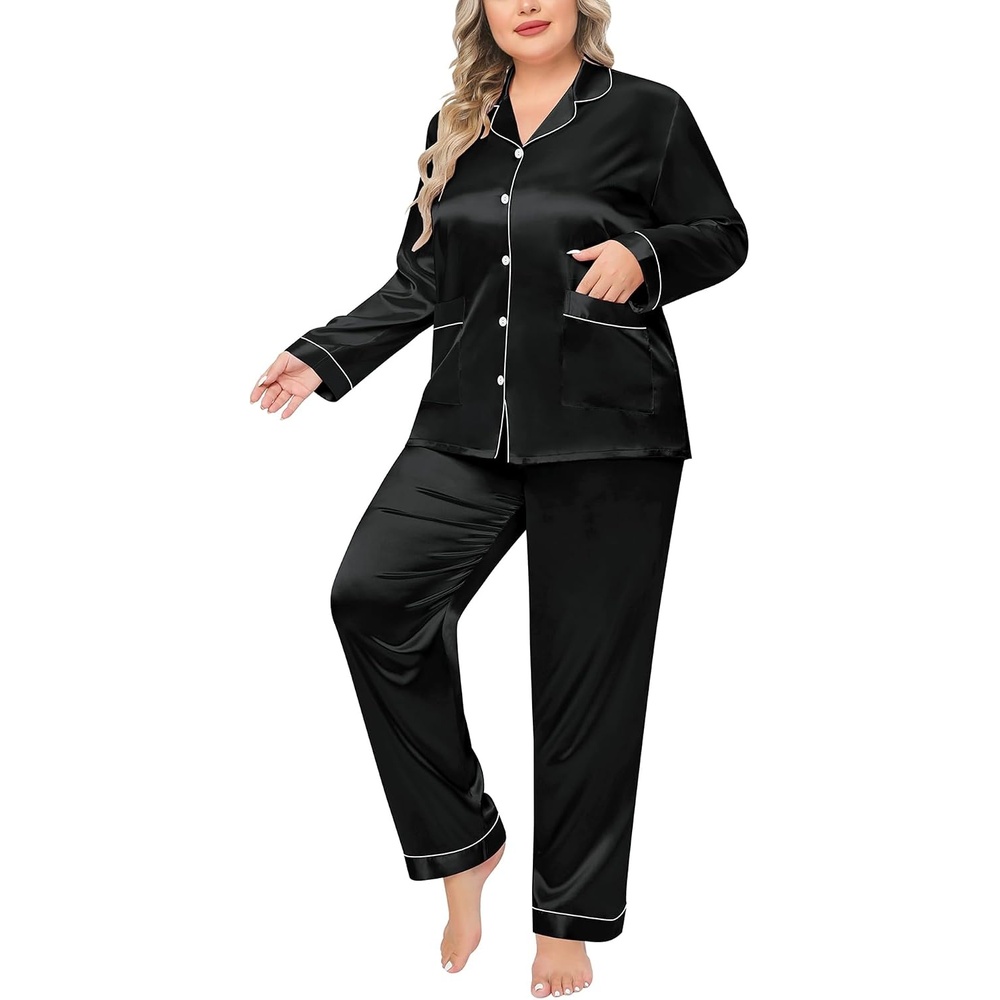 image:imageSWOMOG Women Plus Size Long Sleeve Pajamas Silk Satin Pajama Sets Button Down Sleepwear Pjs Loungewear with PocketsBlack
