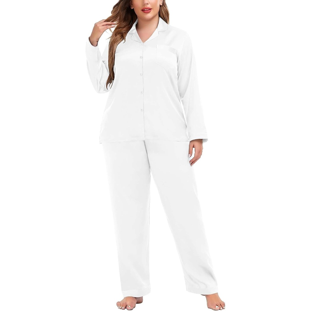 image:imageSWOMOG Women Plus Size Long Sleeve Pajamas Silk Satin Pajama Sets Button Down Sleepwear Pjs Loungewear with PocketsEggshell