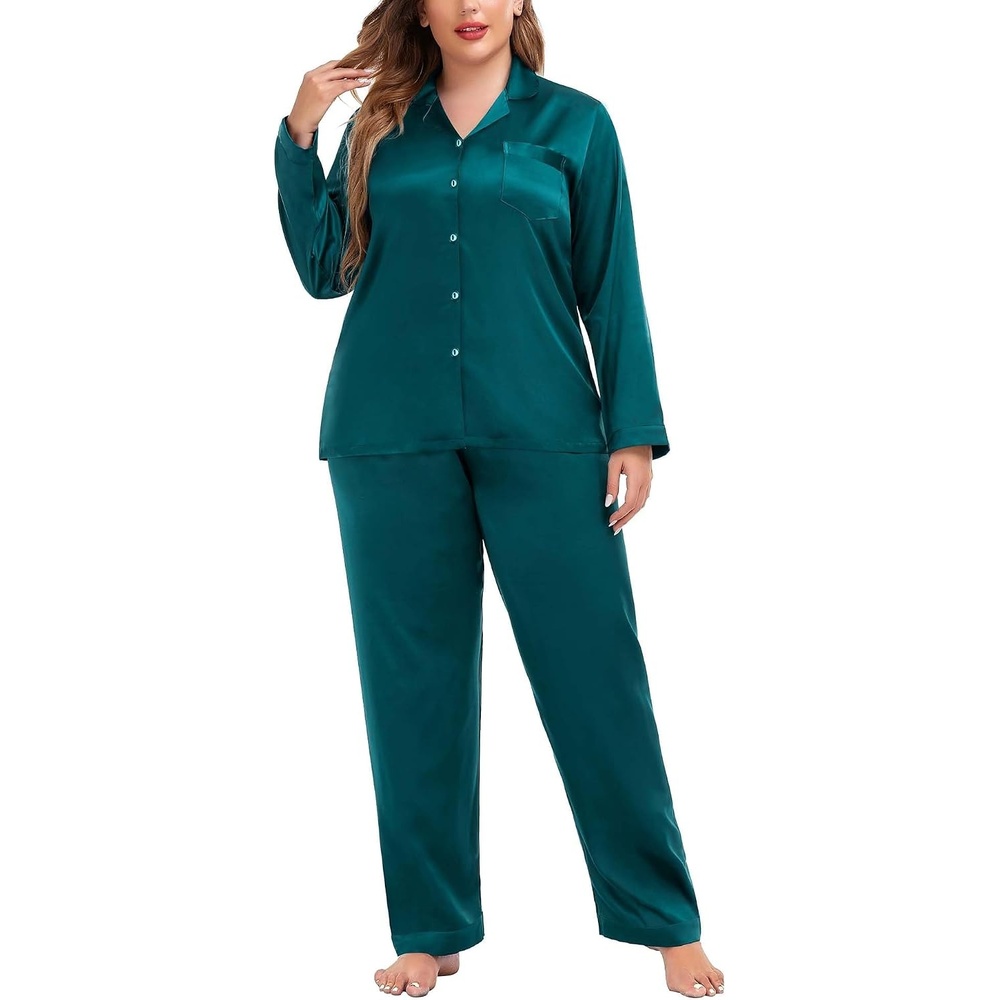 image:imageSWOMOG Women Plus Size Long Sleeve Pajamas Silk Satin Pajama Sets Button Down Sleepwear Pjs Loungewear with PocketsForest