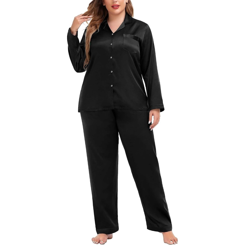 image:imageSWOMOG Women Plus Size Long Sleeve Pajamas Silk Satin Pajama Sets Button Down Sleepwear Pjs Loungewear with PocketsInk