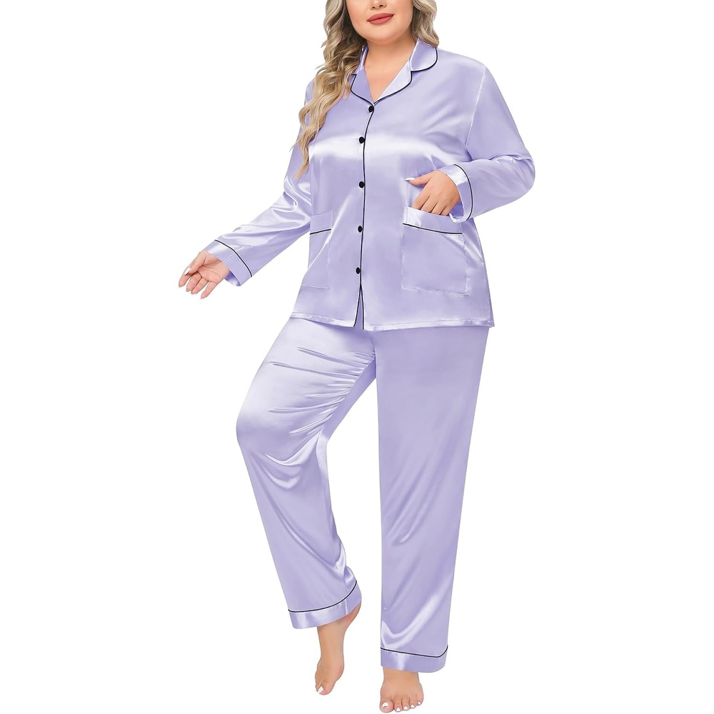 image:imageSWOMOG Women Plus Size Long Sleeve Pajamas Silk Satin Pajama Sets Button Down Sleepwear Pjs Loungewear with PocketsLavender