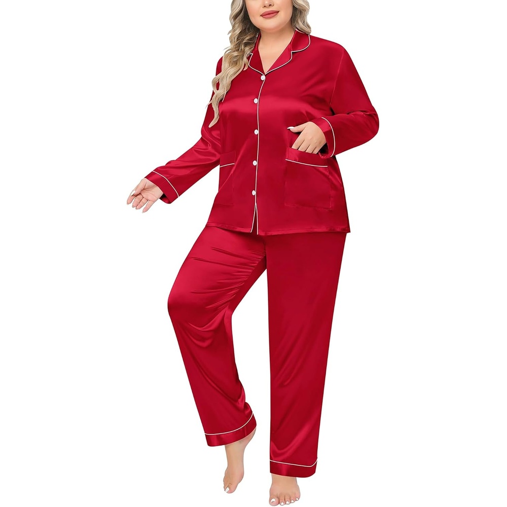 image:imageSWOMOG Women Plus Size Long Sleeve Pajamas Silk Satin Pajama Sets Button Down Sleepwear Pjs Loungewear with PocketsRed Apple