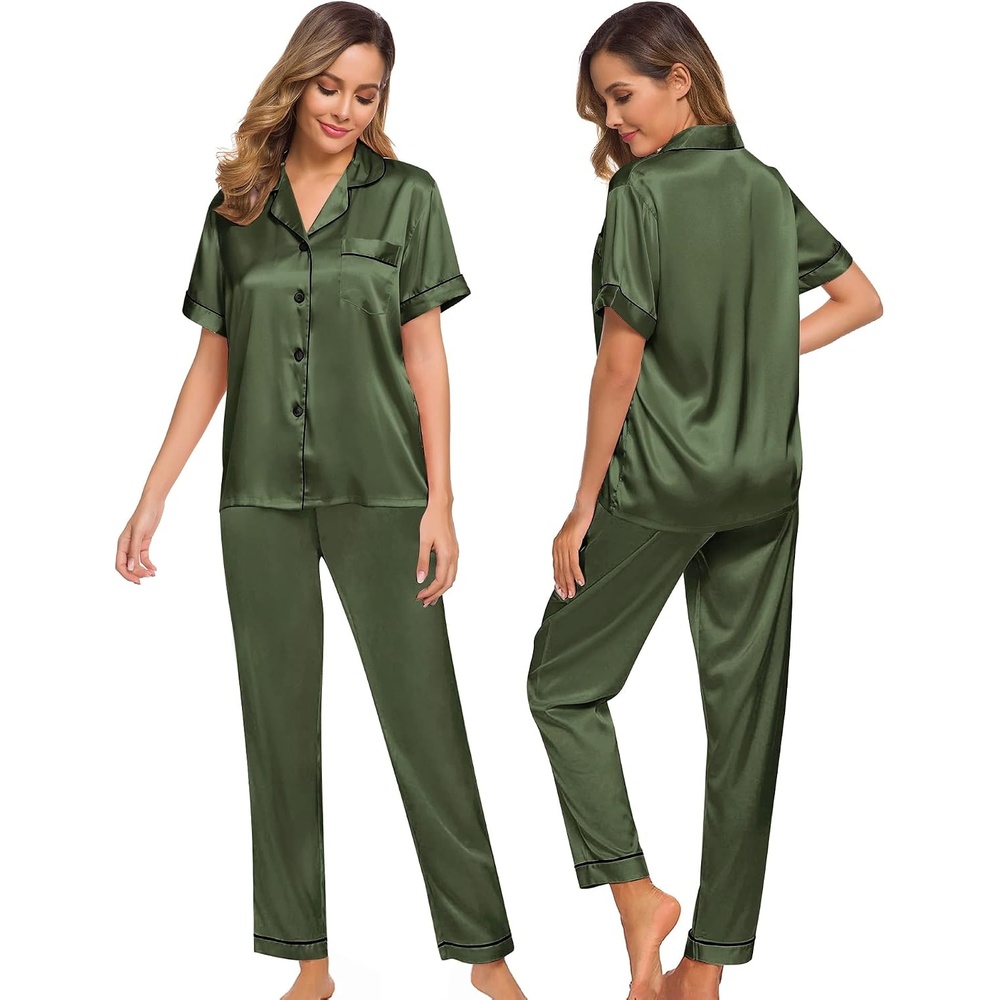 image:imageSWOMOG Women Satin Pajamas Set Short Sleeve Top amp Pants Sleepwear Silky Button Down Nightwear 2pcs Loungewear Pjs SetOlive Green