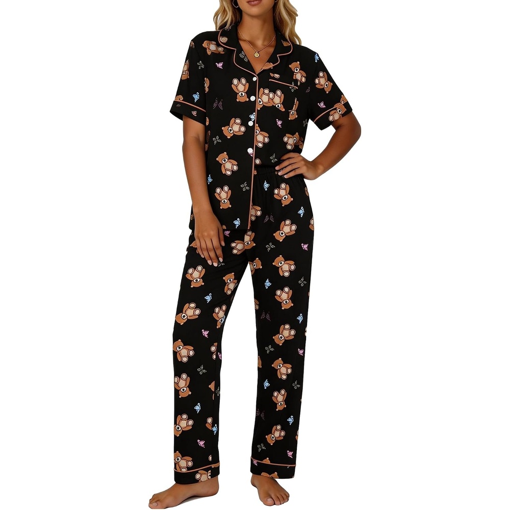 image:imageSWOMOG Womens 2 Piece Pajamas Sets Shorts Sleeve Pajamas Cute Pj Set Lounge Matching Pjs Button Shirt with Long PantsBlack Brown Bear